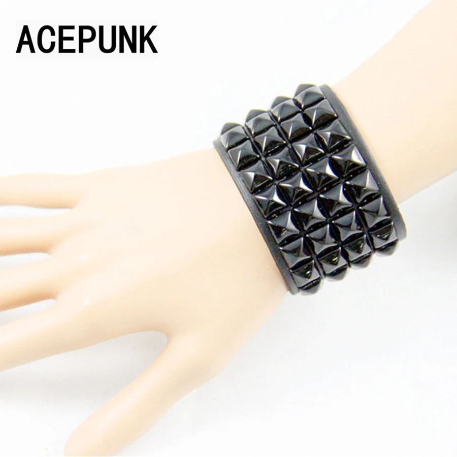 Rivet Wide Bracelet Punk Leather Wristlet Rock 4 Rows Of 9MM Square Nails Wristband Two Buckle Adjustable bracelet jewelry
