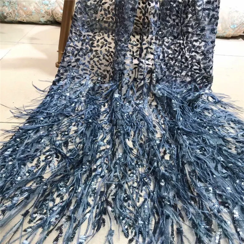 

blue colour net lace feather fabric haute couture fabrics elegant fine tulle bridal wedding lace