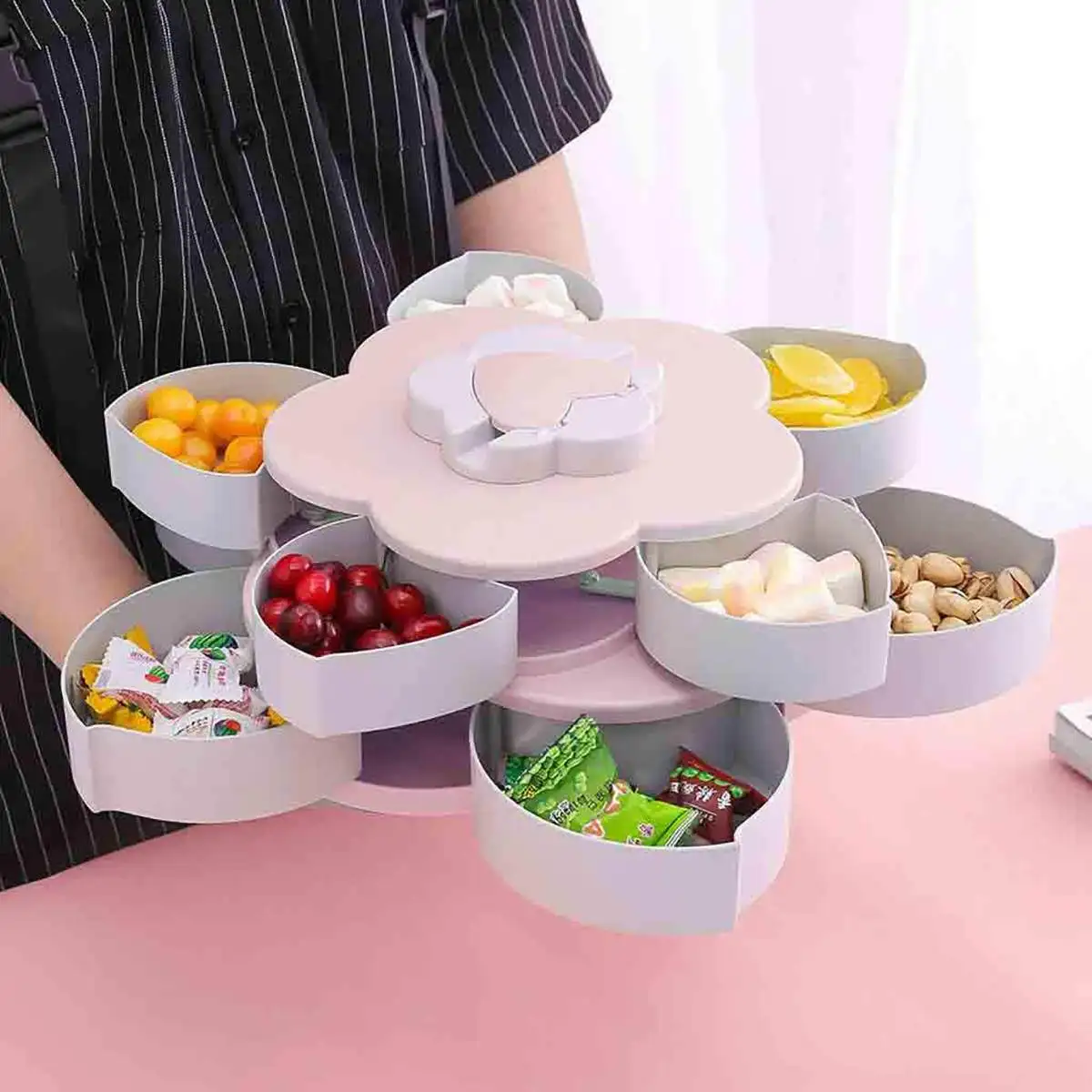 Вращающийся в форме лепестков контейнер для закусок Леденец Коробка для хранения еды Свадебные конфетные тарелки двухслойный сушеный органайзер для фруктов хранения