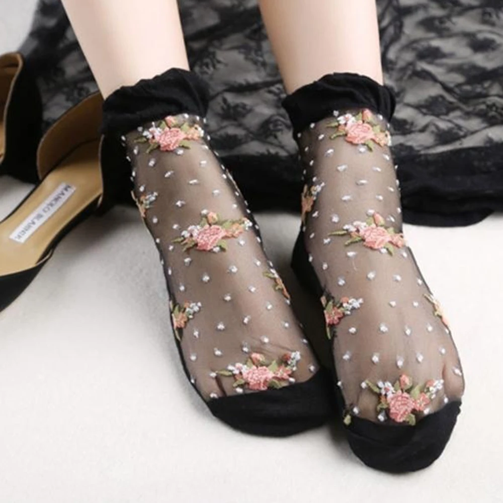 

1Pair Women Ladies Girls Ultrathin Socks Transparent Crystal Silk Rose Flower Elastic Breathable Sexy Harajuku Short Socks