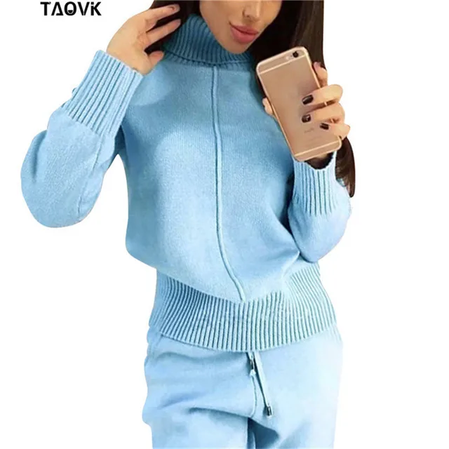 US $40.40 TAOVK Winter Woolen Knitted Warm Suit High Collar Sweater + Pants Loose Style Two-piece Set Knit