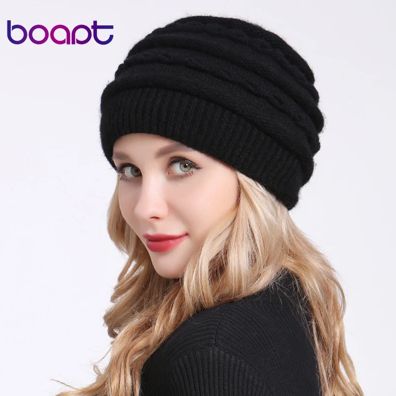 

[boapt] Warm Winter Hats For Women's Cap Lady Skullies Beanies Female Hat Double layer Rabbit Soft Knitted Thick Mom Bonnet Caps