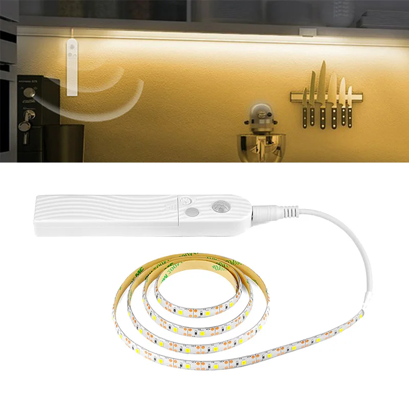 

1- 3M PIR Motion Sensor LED Wall Lamp Tape Waterproof Under Bed Light Flexible Strip Kitchen Closet Cabinet TV Decoration DC 5V