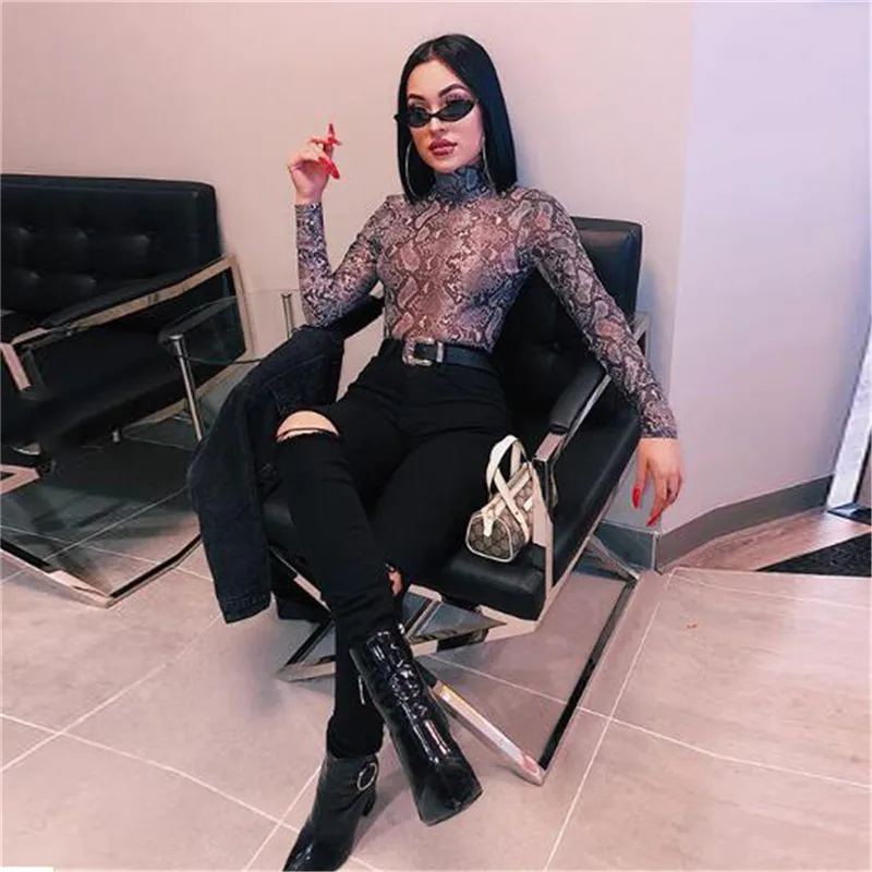 BOOFEENAA ثعبان زي الياقة المدورة طويلة الأكمام ارتداءها المرأة انظر من خلال مثير داخلية حزب نادي Bodycon ليوبارد أعلى C55I30