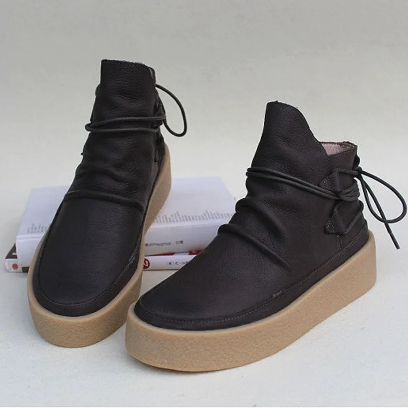 

Women's Boots 100% Authentic Leather Platform Boots Round toe Lace up Woman Shoes Female Autumn Footwear (1989-3)