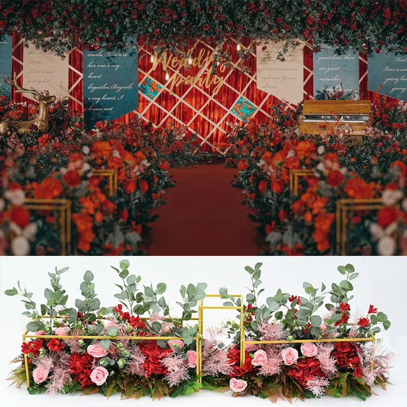 

Customized Table Floor Flower Simulation Flower Arch Flower Arrangement Decoration Wedding T-wedding Row Silk With Green Leaves