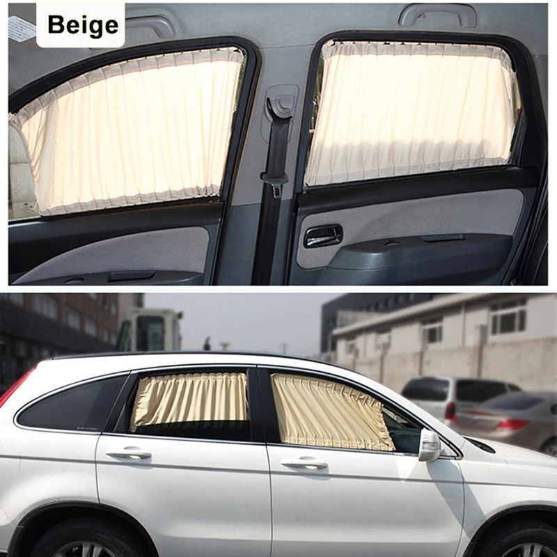 2 x 50S Aluminum Shrinkable Windowshade Curtain Car Side Window Sunshades Auto Rear Windshield Sun Block - Black Beige Gray