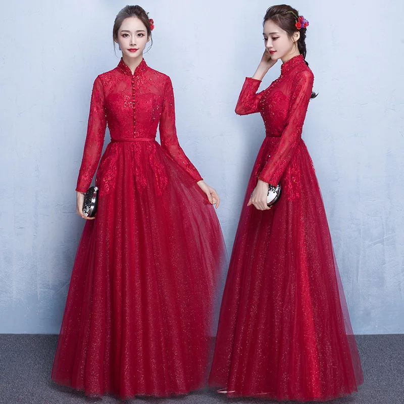 Красные платья подружки невесты с длинными рукавами 2018 мусульманский с высокой шеей элегантные платья для особых случаев Fllor длина ZB049