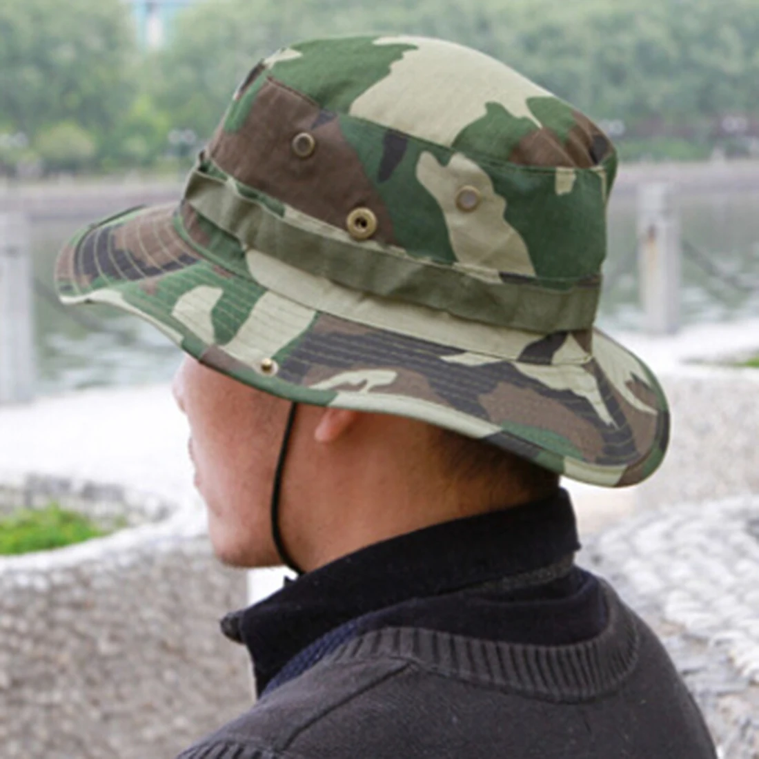 Унисекс Открытый Boonie промытый хлопок саржа подбородок шнур Военная камуфляжная шляпа для охоты путешествия солнцезащитные кепки ведро стиль рыболовные шляпы