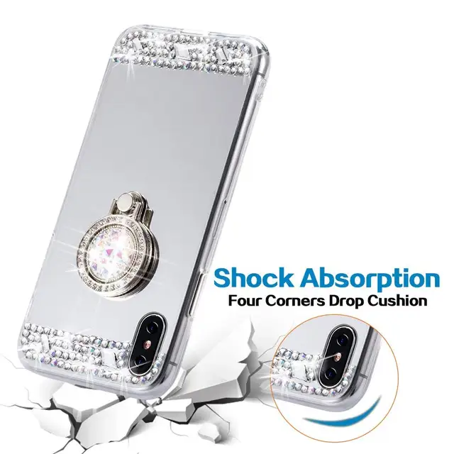 Dir-Maos For iPhone Xs Max Case Xr X 8 7 6 6s Plus 5 5s SE Women Mirror Back Panel Soft Cover Bling Finger Ring Stand Hold Cute