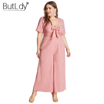 

Bows Hollow Out Jumpsuit Women Plus Size 4XL Jumpsuits Summer Romper 2019 V-Neck Wide Leg Pants Long Bodysuit Loose Overalls