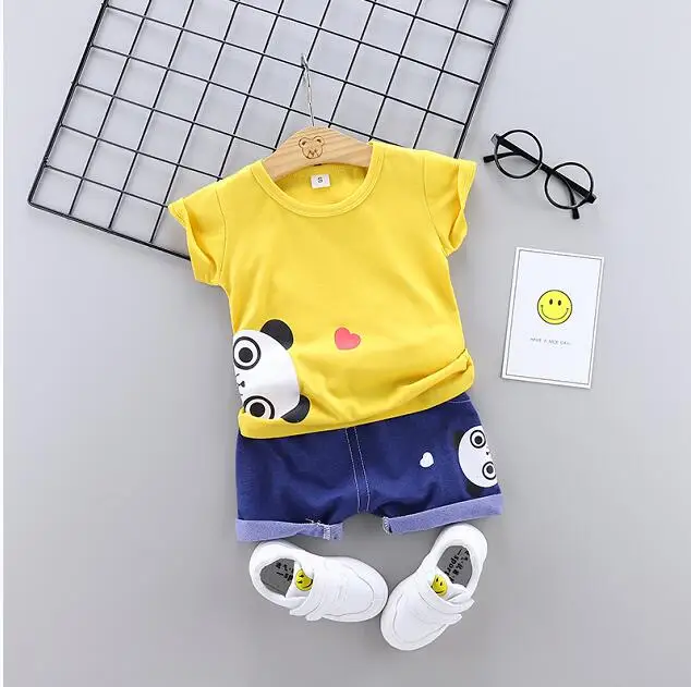 Летние комплекты одежды для мальчиков и девочек модная рубашка с рисунком для маленьких мальчиков+ шорты комплект хлопковой одежды из 2 предметов для малышей, одежда для малышей - Цвет: Цвет: желтый