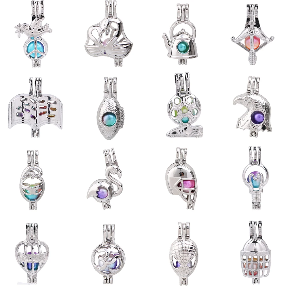 

1pc Silver Plated Bird Swan Arrow Book Soccer Eagle Pearl Cage Pendant Bead Cage Essential Oil Diffuser Lockets Jewelry Making