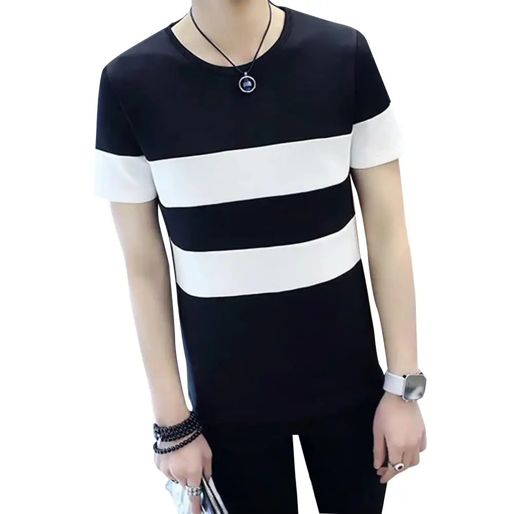 

MISSKY Men Summer t shirt White Black Color Short Sleeve T-shirt Round Collar Stripes Pattern Casual Tops Male Clothes