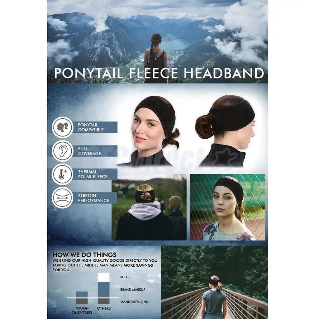 Womens Thermal Polar Fleece Ponytail Headband Ear Warmers Ear Muffs for Outdoor Sports, Fitness, Running or Daily Wear