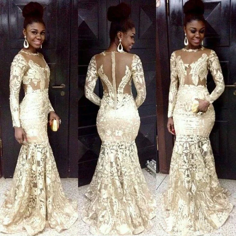 2016 South African Evening Dresses Lace Sheer Neck Long Sleeve Mermaid