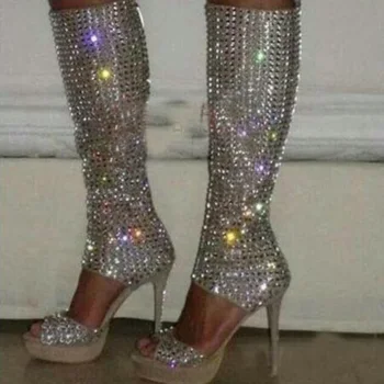 

Luxury Shoes Women Designers 2018 Rhinestone Hollow Out Crystal Knee High Sandal Boots Platform Heels Gladiator Woman Shoes