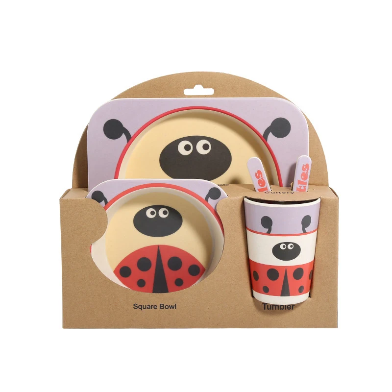 5 шт./компл. тарелка+ бант+ вилка+ чашка с рисунком животных, детская посуда, комплект для кормления из бамбукового волокна, милый детский контейнер, набор посуды - Цвет: Beetle