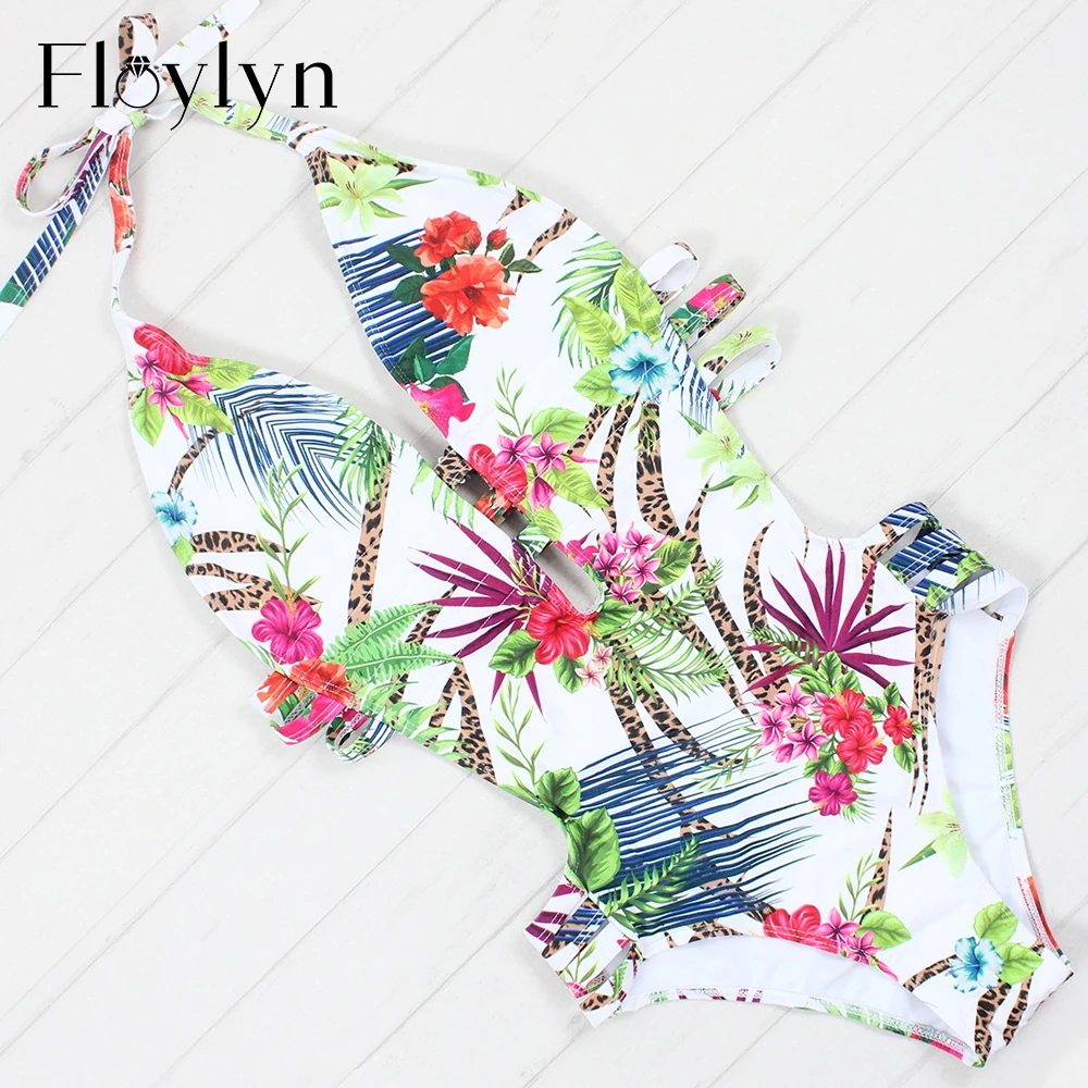 

Floylyn Women Sexy Deep V Neck One Piece Swimsuit Halter Print Swimwear Bathing Suit Bandage Bodysuit Monokini Romper Bather