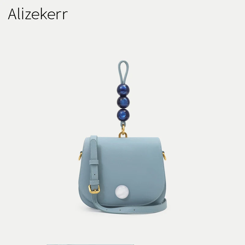 

Genuine Leather Pearl Saddle Bag 2019 Summer New Designer Acrylic Beads Small Round Cow Leather Tote Shoulder Bag Fashion Korean