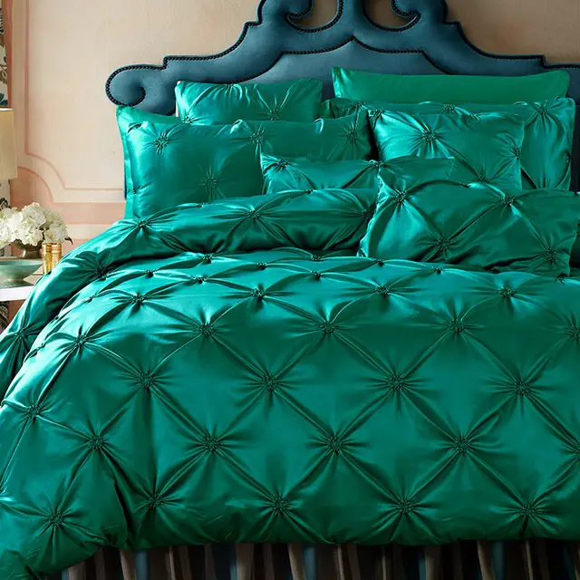 New Luxury Bedding Set 100 Cotton Green Home Textile Wash Silk Satin