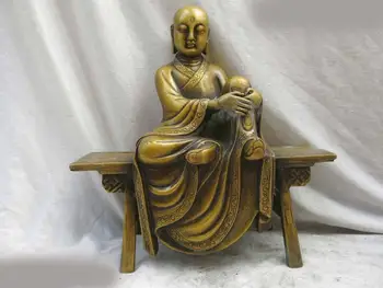 

12" China brass copper wooden bench or stool three eyes buddha Sculpture Statue (D0426)
