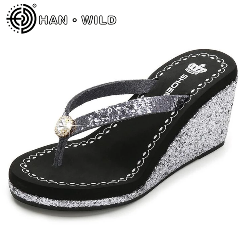 Rhinestone Sandals Women Summer Flip Flops Sandals High Heel Wedges Shoes