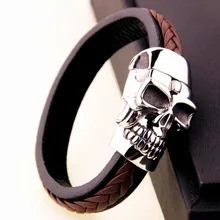 Высокое качество 316L нержавеющая сталь Серебряный Скелет Череп Байкер ювелирные изделия черный коричневый браслет из натуральной кожи мужской браслет 9 дюймов