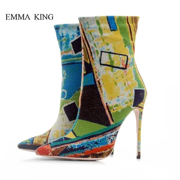 

Your Unique Style-Tide Colorful Graffiti Ankle Boots for Women Fashion Pointed Toe Stilettos Side Zipper High Heels Ladies Shoes