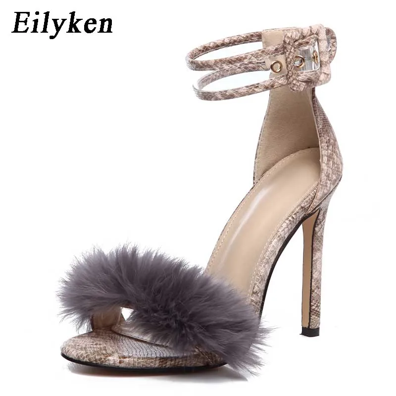 Eilyken; женские летние босоножки на высоком каблуке; леопардовая обувь на высоком квадратном каблуке с мехом; женские босоножки с пряжкой и ремешком на щиколотке; Размеры 35-40 - Цвет: serpentine
