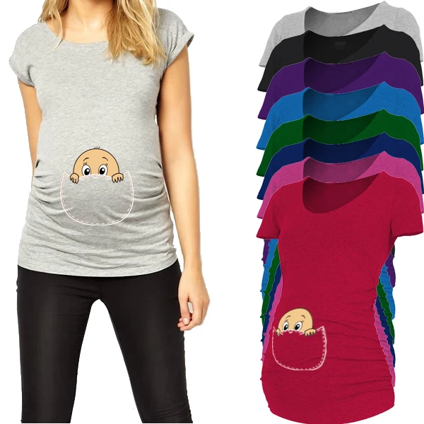 Pocket font b baby b font pee a boo print maternity shirt gravida top pregnancy