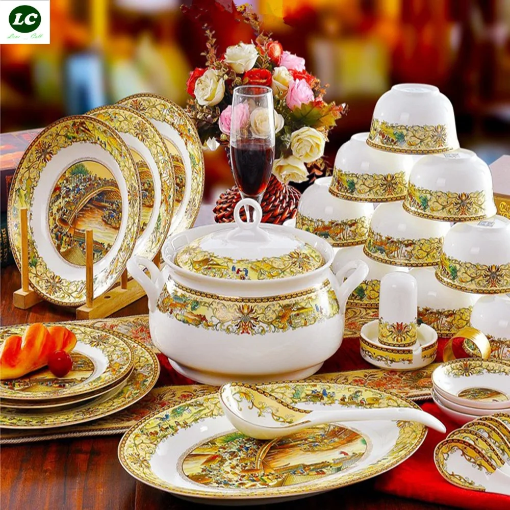 Free Shipping Dinnerware Set MICROWAVE USE 56pcs Ceramic Plates Bowls 