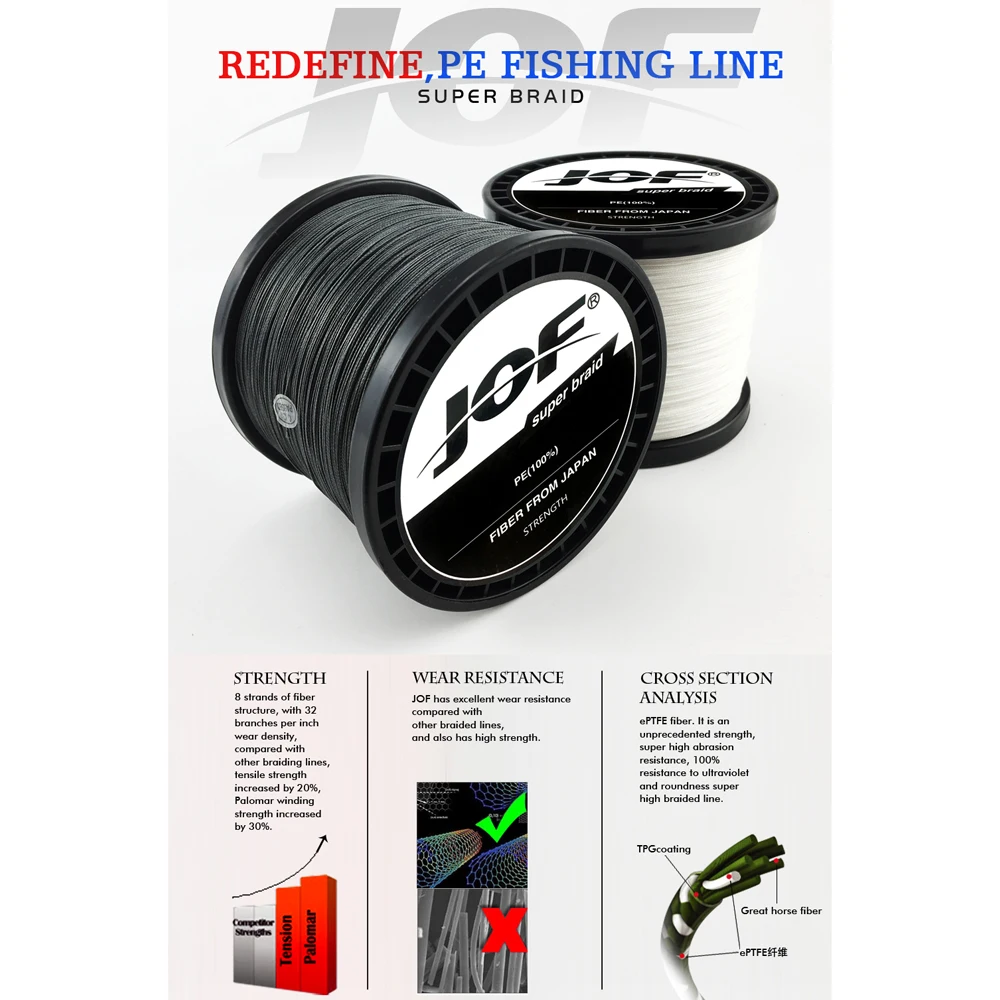 JOF 8 Strands 1000M 500M 300M PE Braided Multifilament Fishing Line Japan Multicolour Fishing Weave Extreme Super Strong