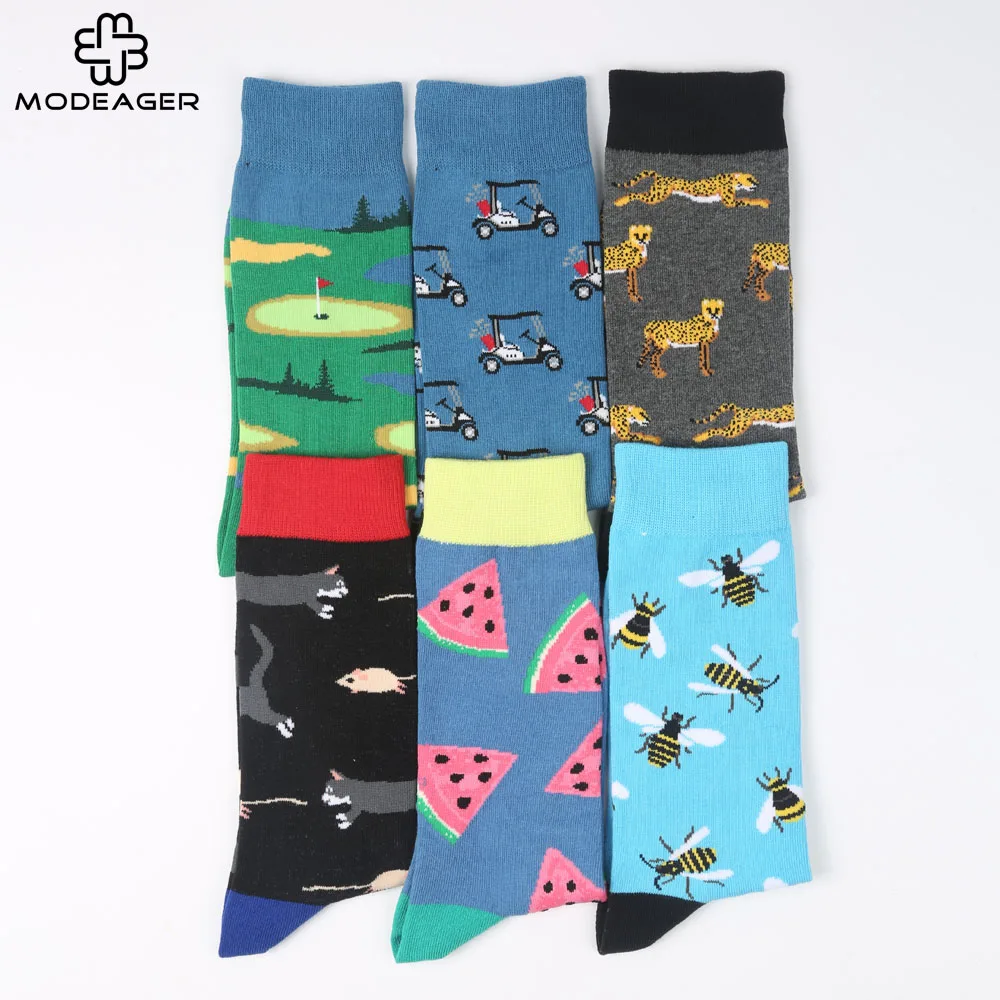 Modeager Brand Cartoon Hip hop Cat Honey Golf Pattern Men Socks Funny Cool Long Thick Crew Cotton Socks for Men AB style