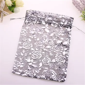 

2018 New Design Wholesale 100pcs/lot 15*20cm Grey Bronzing Organza Bags With Silver Rose Drawstring Christmas Bolsas de Organza