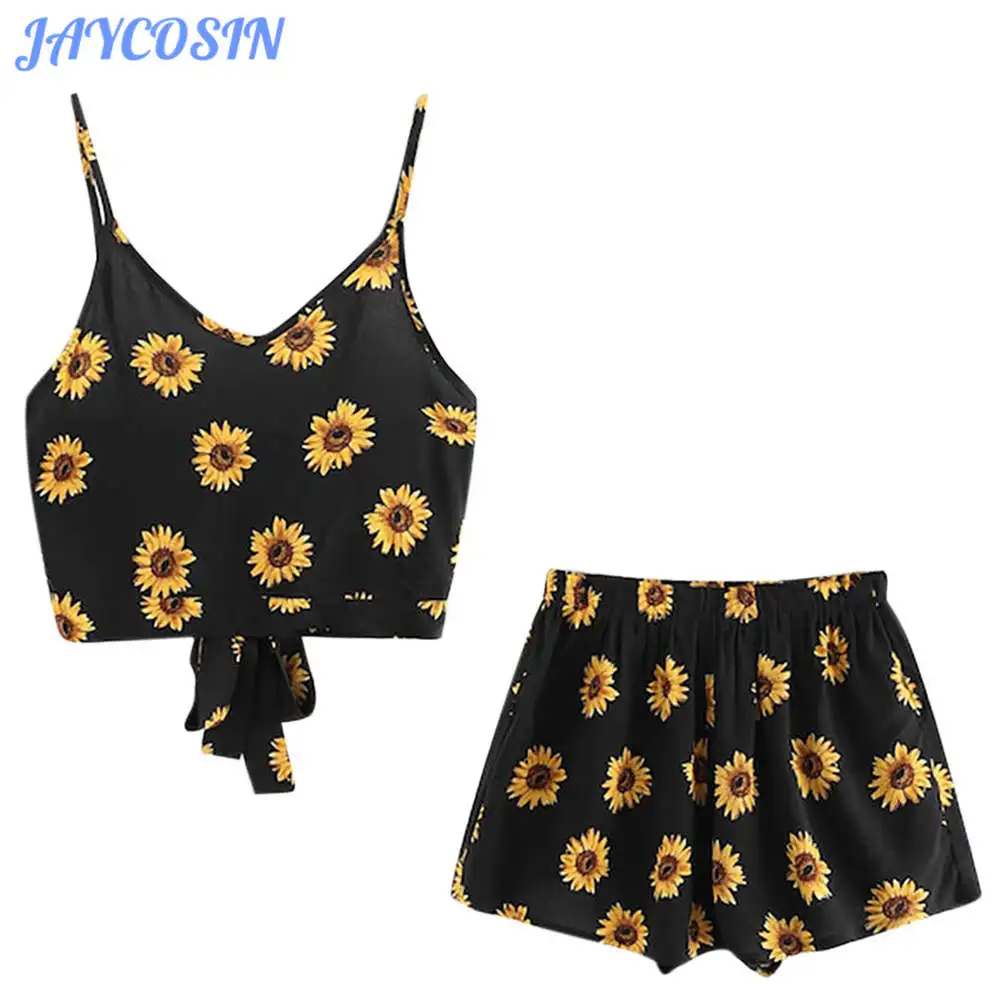 

JAYCOSIN Women Set Clothes Sexy Sunflower Printed Two Piece Set High Waist Sling Top And Short Pants Casual Summer Beach Suit