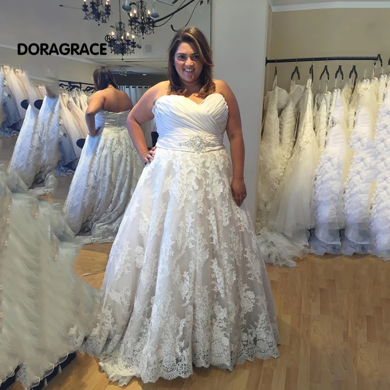

Doragrace vestido noiva White Ivory Applique Lace Wedding Dress Plus Size Bridal Gowns Sweetheart Sleeveless Court Train