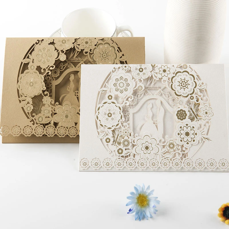 Gold White Wedding Invitations Gold Stamping Flower Design Laser Cut Wedding Card Invitation Bride Groom Wedding Cards 10pcs Cards Invitations Aliexpress