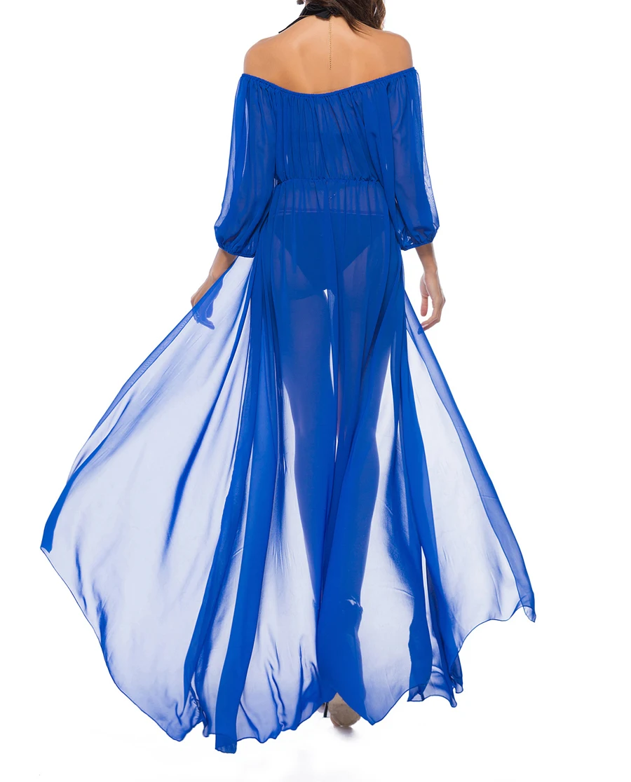 2018 шифоновое Прозрачное платье сексуальное с вырезом лодочкой Boho Maxi Dressses лето 3/4