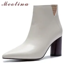 Meotina Fall Genuine Leather Ankle Boots Women Zipper Round High Heel Short Boots Cow Leather Pointed Toe Shoes Female Winter 40 Meotina Fall Genuine Leather Ankle Boots Women Zipper Round High Heel Short Boots Cow Leather Pointed Toe Shoes Female Winter 40