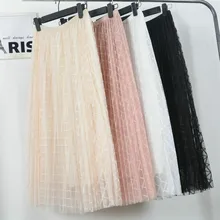 Новые летние женские шифон, высокая талия длинные юбки с эластичной талией Модные женские повседневные однотонные имперские сетчатая юбка в складку