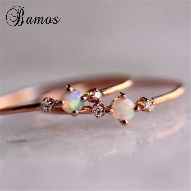 

Bamos Dainty White Fire Opal Thin Ring Simple Zircon Ring Rose Gold Color Stackable Wedding Rings For Women Minimalist Jewelry