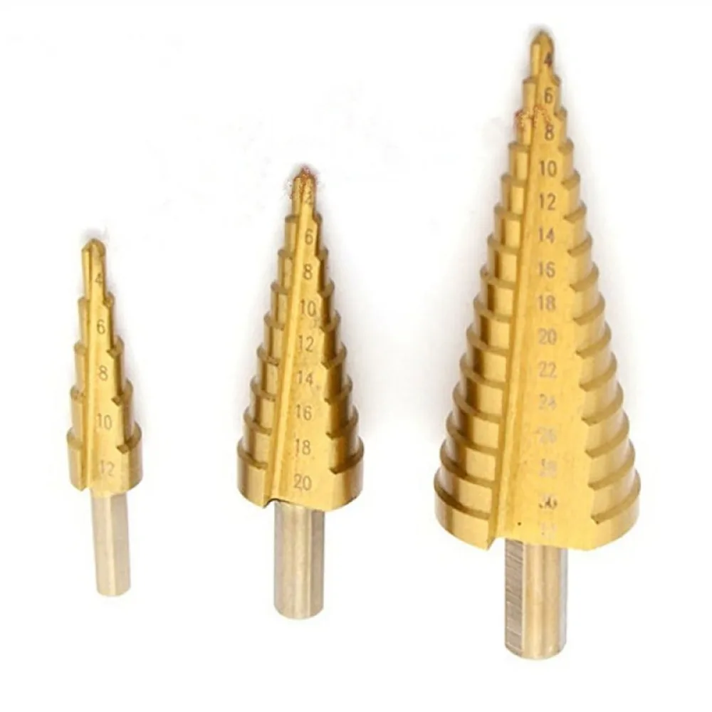 

3pcs High Speed Steel Titanium Coated Step Drill Set Tipped Step Cone Drill High Speed and Large Hole Cutter High Cutting Hot