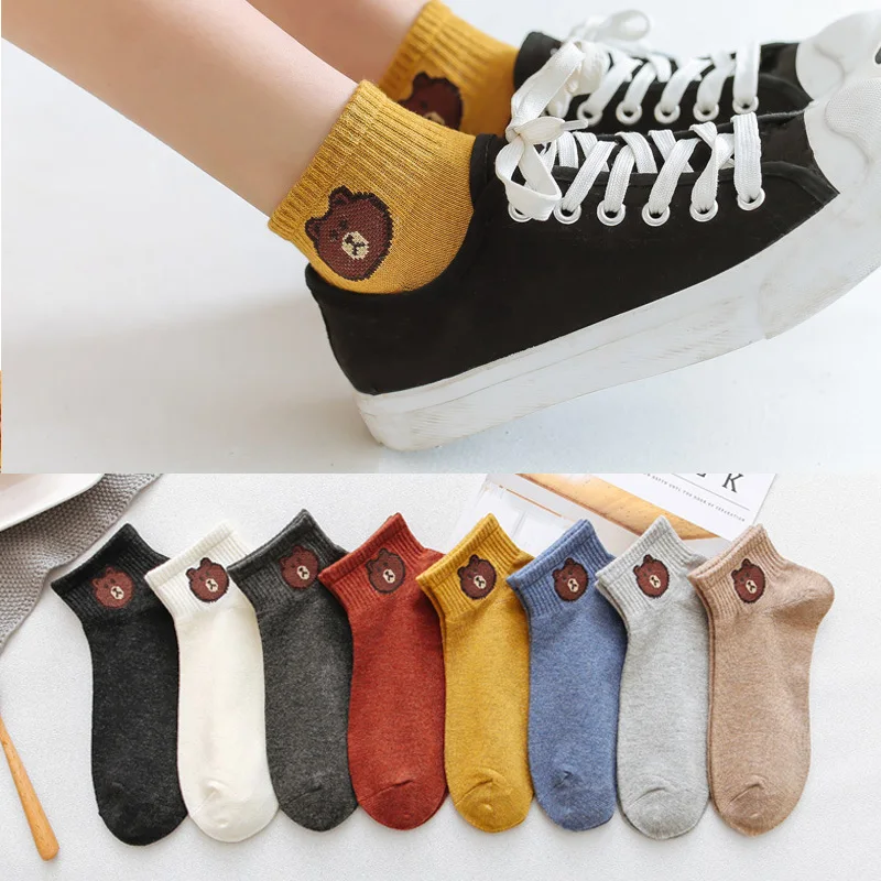 

5Pairs Cute Embroidery Bear Women Cotton Socks Lovey Animal Head Girl Casual Short Socks Free Size SK-2