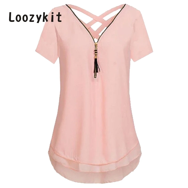 

LOOZYKIT Fashion VNeck Short Sleeve Back Cross Summer Chiffon Women Blouses Top 2018 Casual Zipper Female Shirts Plus Size 5XL