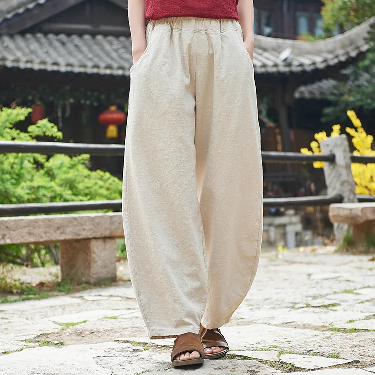 LZJN 2019 New Women Solid Color Pockets Loose Pants Vintage Elastic Waist Cotton Linen Wide Leg Full Length Pants (21)