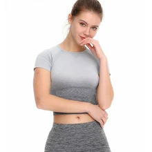 Летняя женская рубашка для занятий йогой, женская рубашка с коротким рукавом, шорты с градиентом, облегающие топы, Фитнес Спорт бег, одежда