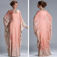 Custom Made Hot Sale Floor Length Chiffon Coral Lace Appliqued Dubai Kaftan Evening Dresses with Long Sleeve JQ3309