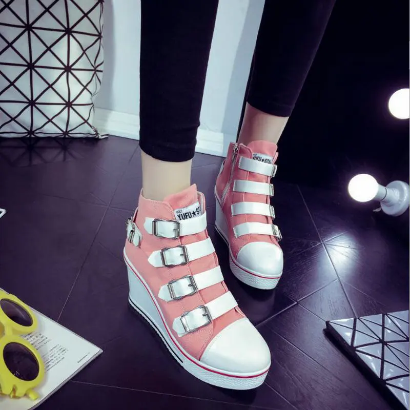 Модные увеличивающие рост Вулканизированная обувь черные женские пряжка холст Обувь на высоком каблуке на платформе повседневные кроссовки NN-85 - Цвет: Розовый