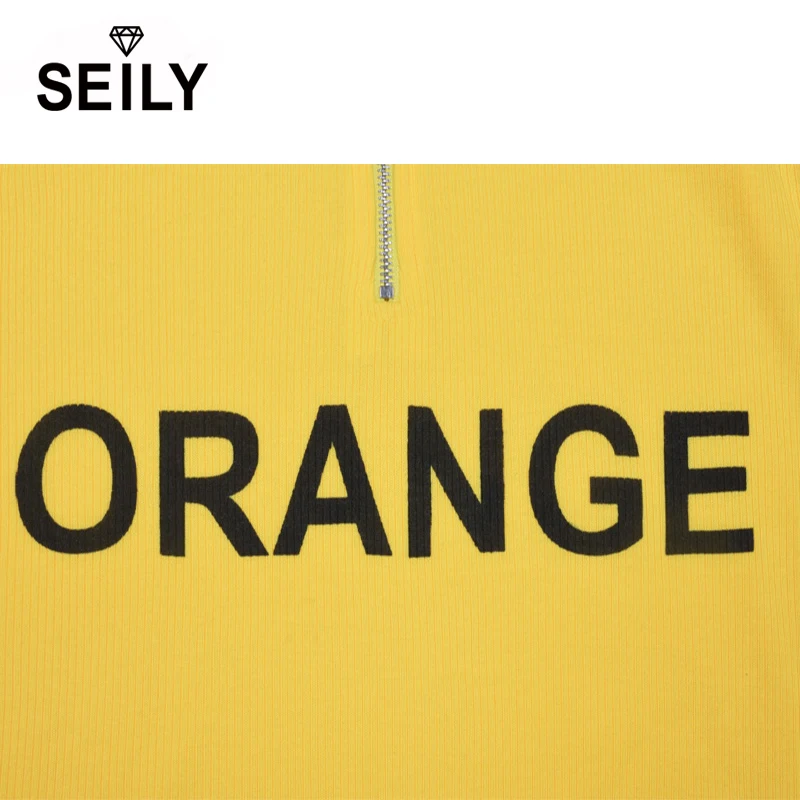 Seily Winter 2019 Letter Computer Knitted Yellow Turtleneck Sweater Women Zipper High Neck Long Sleeve Knitwear Pullover Sweter